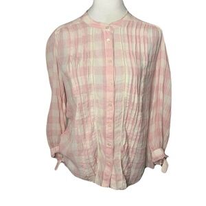 Sundance Small Cotton Pink Checkered Button Casual Feminine Tie Wrist Blouse